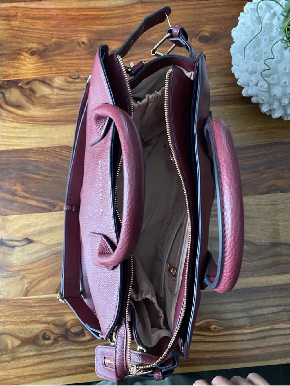 Poppy & Peonies Berry Leather Structured Satchel. Two cup holders inside - Picture 8 of 11